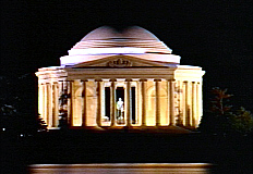 Jefferson Memorial lit up at night.