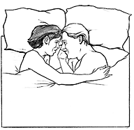 Drawing of a man and a woman facing each other in a bed. Their bodies are covered with a blanket except for their arms, shoulders, and heads. Their heads are resting on pillows. The woman has her arm around the man. They are smiling at each other.