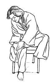 Drawing of a woman dressed in a bathrobe who is sitting in a chair and checking the bottom of her left foot.