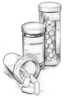 Drawing of two closed pill containers and one pill container on its side with some pills spilling onto a table.