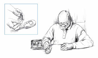 Drawing of an older man testing his blood glucose level with a blood glucose meter. He is seated at a table. The meter is on a table in front of him. A small drawing shows a close-up of his hands while he uses a lancet to get a blood sample.
