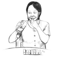 Drawing of a woman taking a pill with a glass of water. She is sitting in a chair at a table. A pill container with compartments for each day of the week is on the table in front of her. One compartment is open.