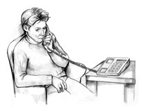 Drawing of a woman sitting in a chair who is talking on a phone.