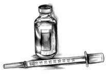 Drawing of a bottle of insulin and a syringe.