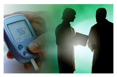 Photo montage of two doctors consulting while looking at a chart and a close-up of a hand holding a glucose monitor.