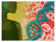 Montage of DNA helix, cells, and silhouette of African American woman.
