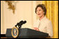 Mrs. Laura Bush addresses her remarks Monday evening, Oct. 27, 2008 in the East Room of the White House, during a celebration in honor of the 150th birthday and contributions of President Theodore Roosevelt. White House photo by Chris Greenberg