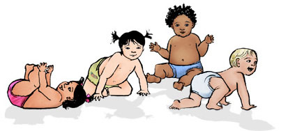 illustration: four babies crawling and playing