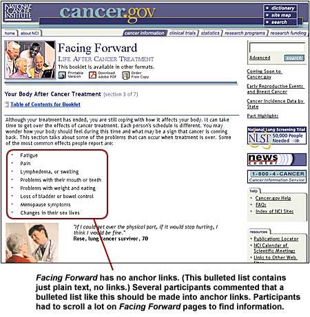 An image showing that on the Facing Forward page that no links are included in the bulleted text. Users had to scroll a lot to find information.