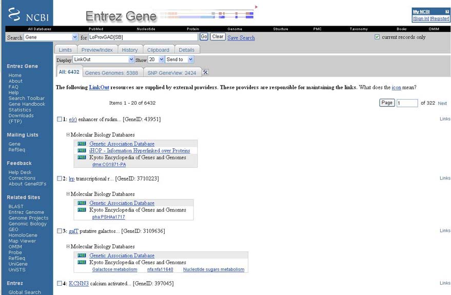 GAD links were provided by multiple NCBI applications including Entrez. User can access GAD data by following the LinkOut resources for each gene.