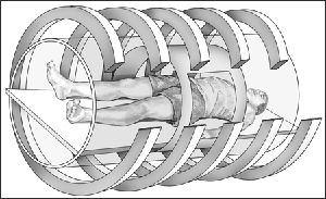 The patient lies on a table inside a hollow tunnel, illustrating the MRA process.