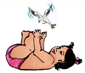illustration: baby playing on her back while a bird flutters by
