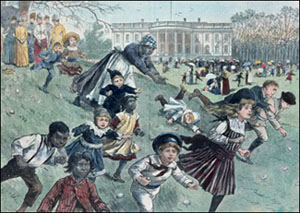 Racing and tumbling down a hillock, children romp on the south lawn of the White House during the 1887 Easter Monday egg rolling.