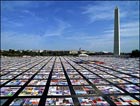 The NAMES Project AIDS quilt, representing people who have died of AIDS, in front of the Washington Monument