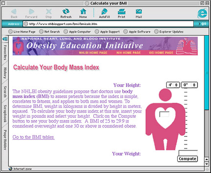 Screen capture of the BMI calculator