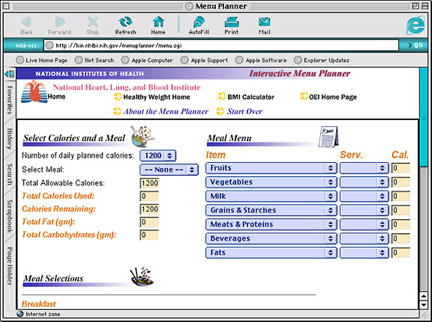 Screen capture of the menu planner