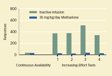 Bar Graph - RATS RECEIVING METHADONE EXPEND LITTLE EFFORT TO GAIN COCAINE