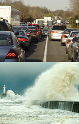 image of a traffic jam and storm surge at the ocean's edge