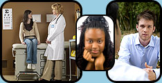 Image of a girl talking to a doctor and image of a girl and image of a teenage boy talking to adviser