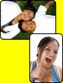 Image of a couple teens laying on the lawn and image of a girl thumbing up