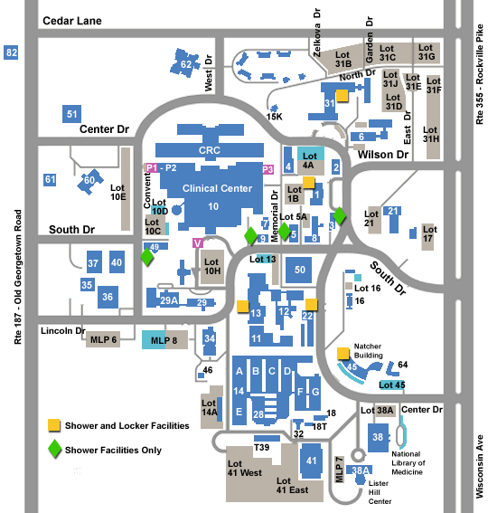 Map depicting locations for shower facilities on the NIH campus
