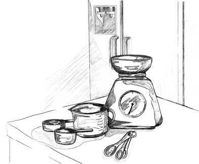 Drawing of a food scale, a graduated cup, measuring cups, and measuring spoons on a kitchen counter. A refrigerator can be seen in the background.