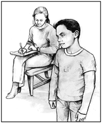 Drawing of a Caucasian boy waiting while his mother writes something down.