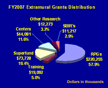FY2007 Extramural Grants Distribution. Centers $44,081 (11.6%), superfund $73,728 (19.4%), Training $19,092 (5.0%), RPGs $220,255 (57.9%), SBIRs $11,217 (2.9%), Other Research $12,273 (3.2%).