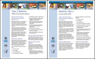Covers of type 2 diabetes brochures in English and Spanish