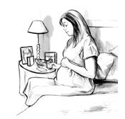 Drawing of a pregnant woman sitting on the edge of her bed, holding a cracker. A box of crackers, a lamp, and a framed photo are on a nearby bedside table.