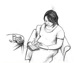 Drawing of a pregnant woman sitting in a chair, writing the result of her blood glucose test in a record book. She has a pen in her right hand and a blood glucose meter in her left hand. She is looking at her blood glucose meter. Her testing equipment is on a nearby table.