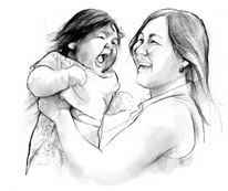 Drawing of a smiling, young woman holding up her laughing infant.