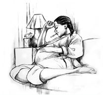 Drawing of a pregnant woman sitting on a couch, looking down, with a thermometer in her mouth. She holds one hand to her head and the other is resting on her belly. Next to the couch is a table with a lamp and a box of tissues.