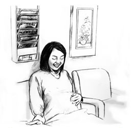 Drawing of a young, pregnant woman sitting in a chair in the waiting room of a doctor’s office. She is looking at her belly. She is resting one hand on her belly.