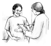 Drawing of a smiling pregnant woman sitting on an examination table in a doctor’s office, talking with a female doctor. The doctor is writing on a pad of paper.
