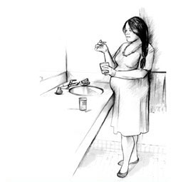 Drawing of a pregnant woman standing next to a bathroom sink and counter, holding a cup in her left hand and a test strip in her right hand. She is looking at the test strip. A container of test strips rests on the counter.