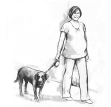 Drawing of a pregnant woman walking her medium-sized dog.