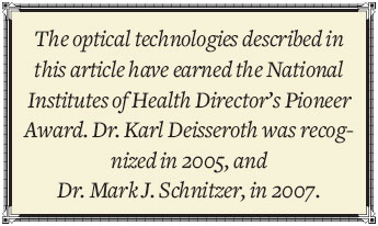 Text Box - The optical technologies described  in this article  have earned the National Institutes of Health Director's Pioneer Award. Dr. Karl Deisseroth was recognized in 2005, and Dr. Mark J. Schnitzer, in 2007