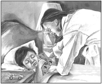Una madre arropa a su hijo en la cama