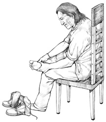 Drawing of a man in who is sitting in a chair. His shoes are off and are on the floor. He is using his hands to hold one foot while he looks at the bottom of his foot.