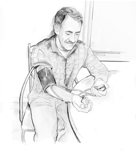 Ilustración de un hombre chequeando su presión arterial.