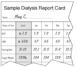 A sample dialysis report card that shows a patient's Kt/V, URR, hemoglobin, and weight each month.