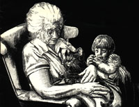 Conference artwork, an elderly woman in a rocking chair craddling a cat with a small child leaning into the chair. 