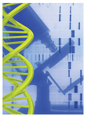 Photo montage of a microscope with a double helix in the foreground and agarose gel in the background.