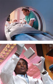 Top: Magnetic Resonance Imaging machine. Bottom: woman working in laboratory.