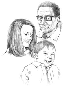 Illustration of a dentist, a mother, and her son