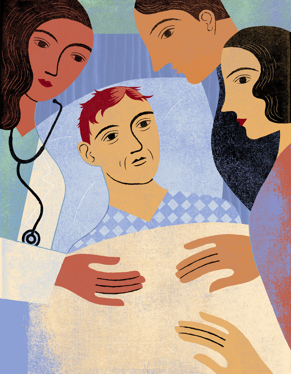 Conference artwork, depicts a terminally ill man in a hospital setting with people attending to his needs.