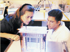 two people studying an experiment