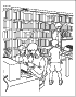 A young boy is in the library. Bookshelves line the wall behind him. A woman librarian smiles as she sits at a computer. Another adult and child are also in the library.