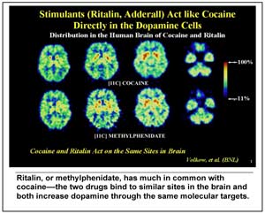 PET scans - titled Stimulants (Ritalin, Adderall) act like cocaine directly in the dopamine cells.